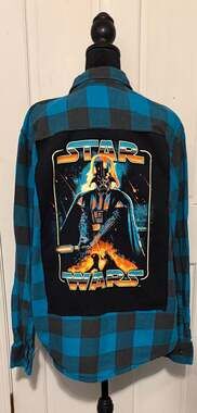Custom Reworked Star Wars Darth Vader Blue Plaid Flannel Shirt